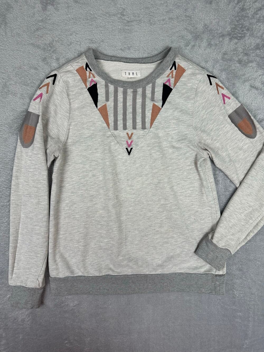 THML Heather Gray Embroidered Pullover Sweatshirt Geometric Size XS Southwestern